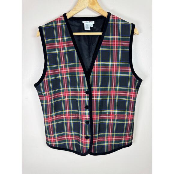 VTG Talbots Women’s Vest Plaid Red Green Velvet Trim Christmas Holiday Medium - Picture 1 of 7